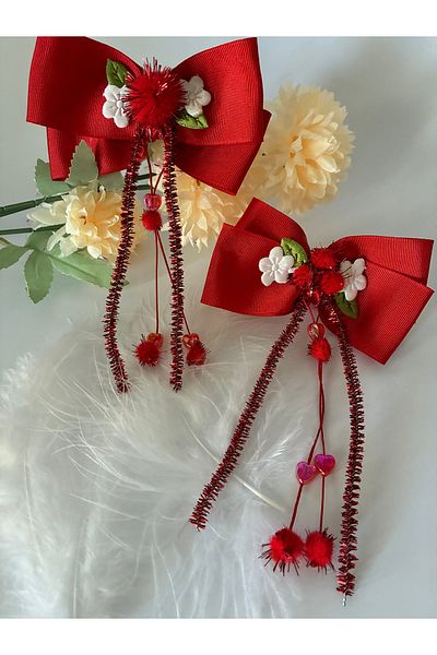Nevgiss Aksesuar Pair with Buckle Flowers and Pompom Elastic Ribbon Stones