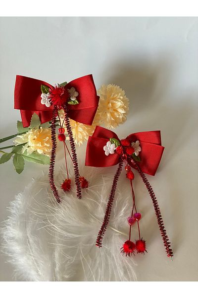 Nevgiss Aksesuar Pair with Buckle Flowers and Pompom Elastic Ribbon Stones