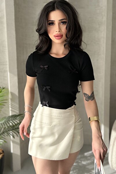 Chicup Γυναικεία Πλεκτή Μπλούζα με Μαύρο Φιόγκο