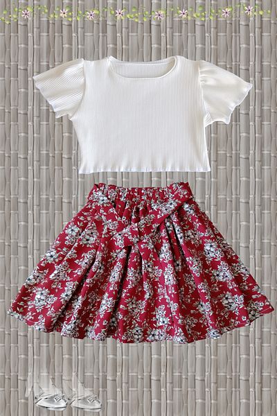 MODA59 Ribbed Ecru Color Modal Cotton Crop and Viscose Floral Skirt Set