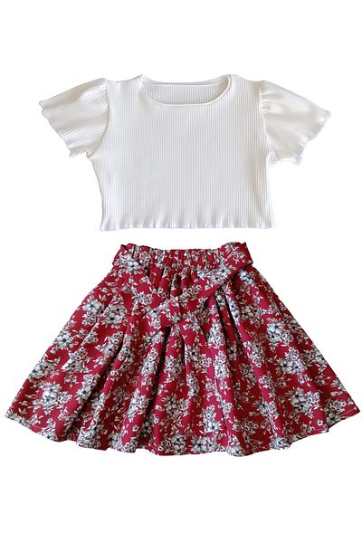 MODA59 Ribbed Ecru Color Modal Cotton Crop and Viscose Floral Skirt Set