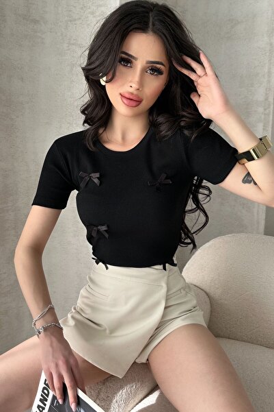 Chicup Γυναικεία Πλεκτή Μπλούζα με Μαύρο Φιόγκο