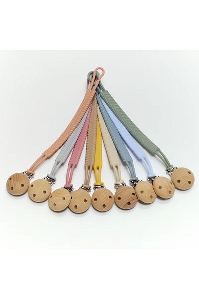 The Cloudish Shop Silicone Pacifier Strap Pacifier Holder with Wooden Clip - Knitting Pattern Beige
