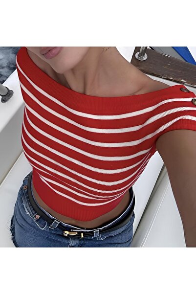 Bengi Clothing Kadın Kırmızı Çizgili Madonna Yaka Triko Bluz