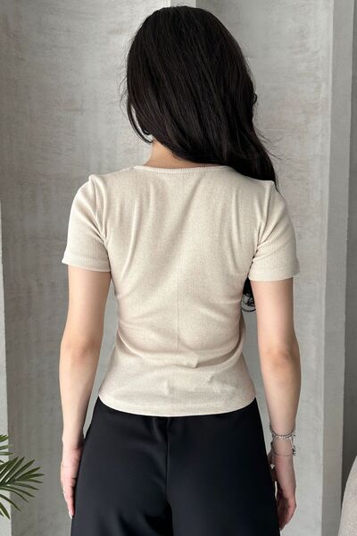 Chicup Women's Cream Bow-Accented Corded Fabric Knit Blouse