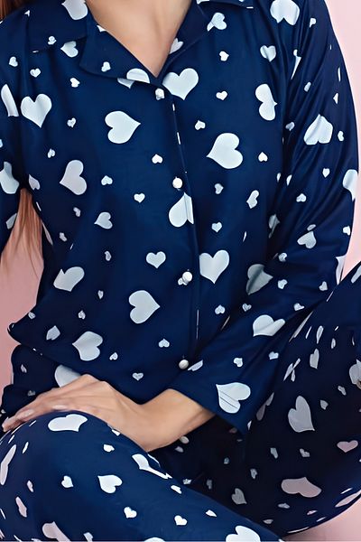 AYREKA HOMEWEAR Set de pijamale de damă cu guler de cămașă cu model de inimă bleumarin