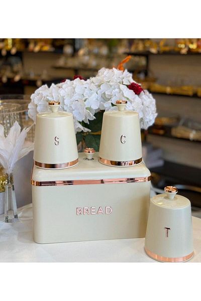 Onedekor Set of 4 Dustbin Storage Container and Bread Box Cream