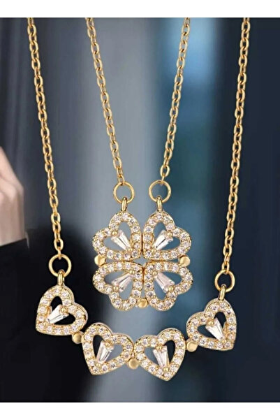 Vitastyle Altın Renk Çelik Mıknatıslı Birleşen Kalp Yonca Kolye