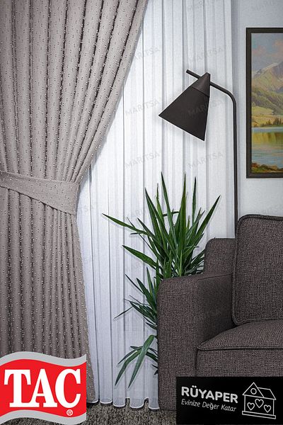 Taç Beige Color Background Curtain Pleated Pompom Series Linen Curtain