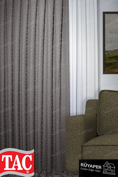 Taç Dream Linen Series Grammage Pompom Pattern Mink Color Background Curtain Frequent Pleat Single Wing