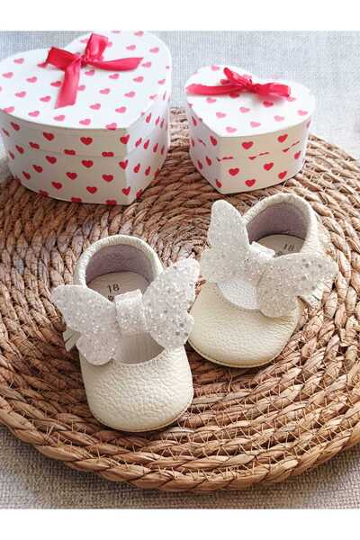 MİNİBİRİ Bella Model Krem Renk Payet Fiyonklu  Bebek Makosen Patik Bebek Ayak...