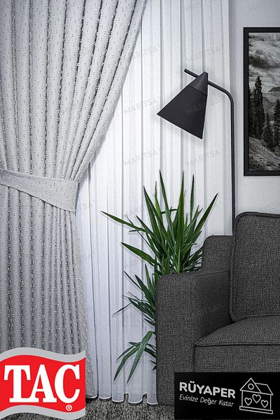 Taç Dream Linen Series Grammage Pompom Pattern Light Gray Color Background Curtain Frequent Pleat Single Wing