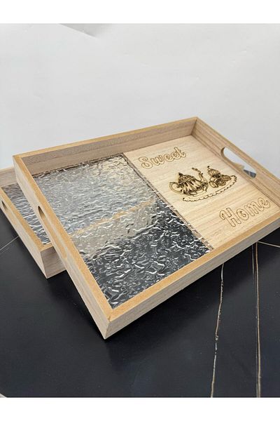 Living Set of 2 rectangular wooden trays with a glass finish.