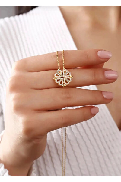 Vitastyle Altın Renk Çelik Mıknatıslı Birleşen Kalp Yonca Kolye