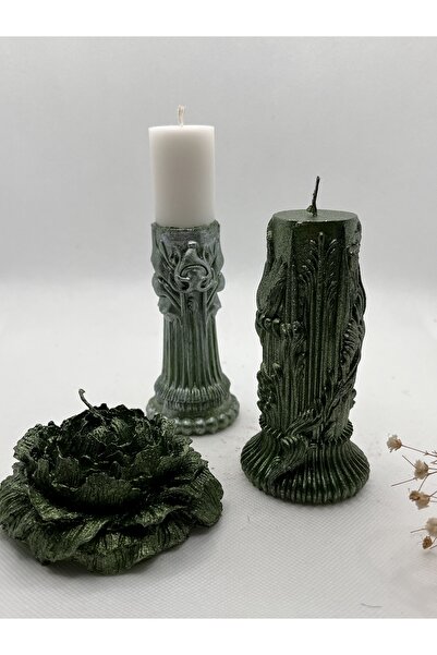 Verda Desing Kendinden Şamdanlı Sanatsal,Sarmal ve Şakayık Çiçeği Metalik Yeş...