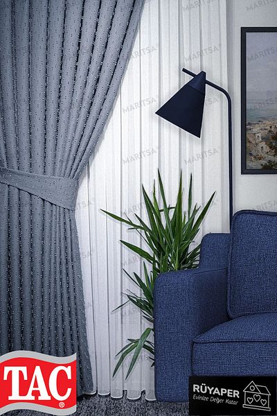 Taç Indigo Color Pompom Pattern Dream Linen Series Background Curtain Frequent Pleat Single Wing