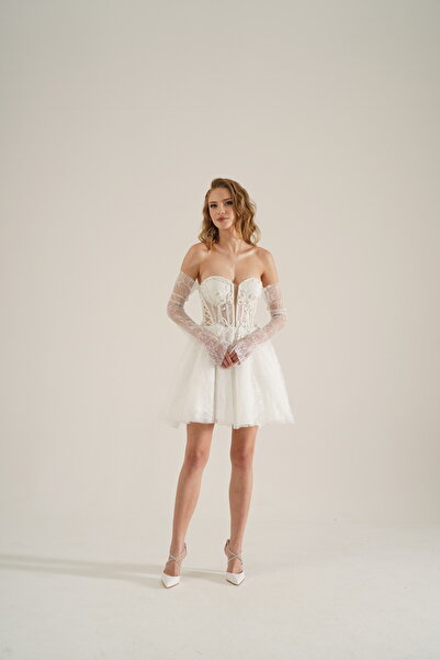 The White Remedy Beyaz Mini Gelinlik Straplez Korse Detaylı Eldivenli After Party Söz Nişan Nikah Elbise