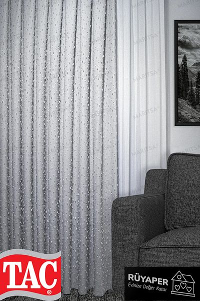 Taç Dream Linen Series Grammage Pompom Pattern Light Gray Color Background Curtain Frequent Pleat Single Wing