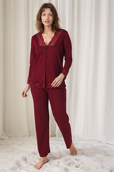 QKK Kadın Bordo Penye Gelin 6'lı Çeyiz Seti Sabahlık & Gecelik & Pijama Şortlu Takım Q9U6O2K0KKA