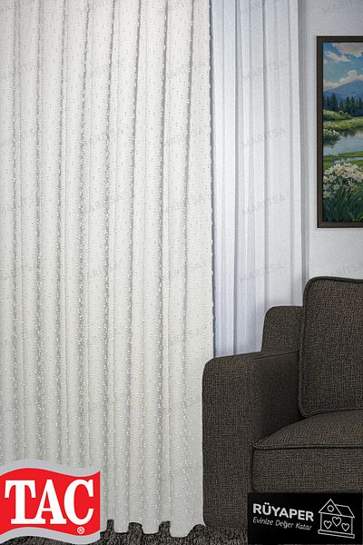 Taç Dream Linen Series Grammage Pompom Pattern Cream Color Background Curtain Frequent Pleat Single Wing