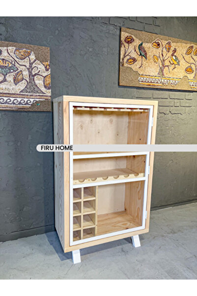 FIRU HOME Rustik Ahşap Şaraplık Büfe - Cam Kapaklı, Masif Ahşap & Metal Detay...