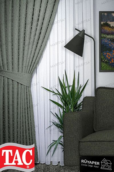 Taç Dream Linen Series Grammage Pompom Pattern Green Color Background Curtain Frequent Pleat Single Wing