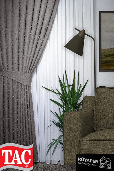 Taç Dream Linen Series Grammage Pompom Pattern Mink Color Background Curtain Frequent Pleat Single Wing