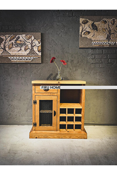 FIRU HOME Rustik Ahşap – Cam Kapaklı & Raflı Mini Bar Dolabı