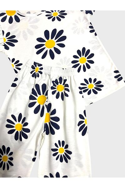 ALİŞ KİDS Set de pijamale de vară pentru fete, din bumbac, alb, bleumarin, cu modele florale, cu mâneci scurte, cu pantaloni scurți