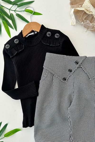 Minigimin Cicileri Black My Little Girls &Apos; Daily Ungynic with Trousers Button Detaylı 2 Pişkotochkov Suit