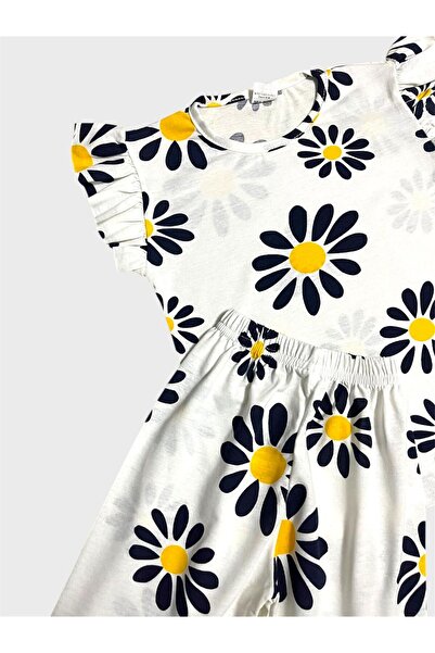 ALİŞ KİDS Set de pijamale de vară pentru fete, din bumbac, alb, bleumarin, cu modele florale, cu mâneci scurte, cu pantaloni scurți