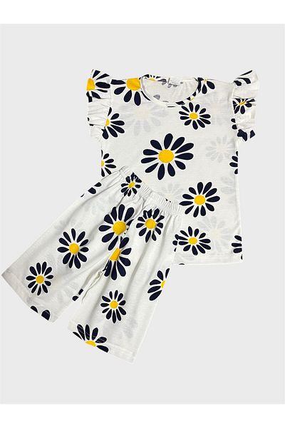 ALİŞ KİDS Set de pijamale de vară pentru fete, din bumbac, alb, bleumarin, cu modele florale, cu mâneci scurte, cu pantaloni scurți