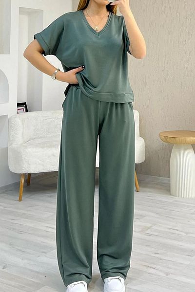 sportiness Soft Texture Modal Fabric Relaxed Cut V-Neck Tracksuit Set