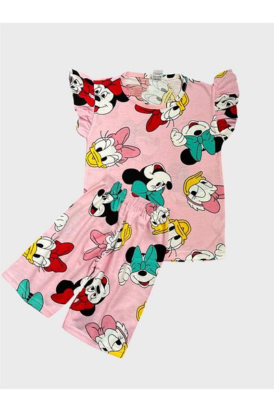 ALİŞ KİDS Girl's Cotton Pink Cute Ducks Patterned Short Sleeve Shorts Summer Pajama Set