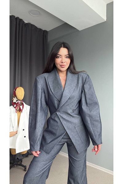 My Blog Navy Blue Balloon Sleeve Jacket Trousers Set - 903148