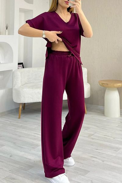 sportiness Soft Texture Modal Fabric Relaxed Cut V-Neck Tracksuit Set