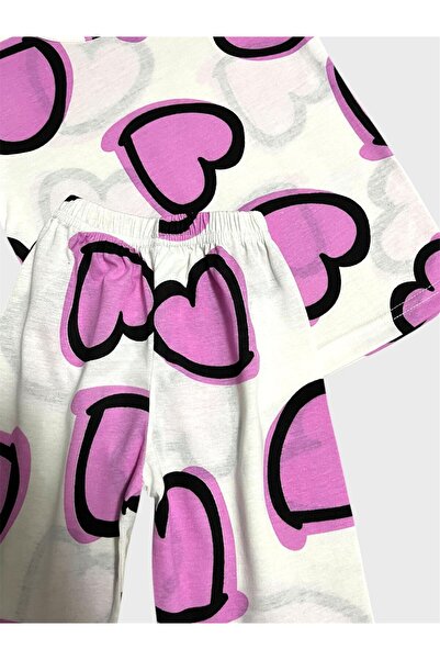 ALİŞ KİDS Set de pijamale de vară pentru fete, din bumbac, alb, mov, cu mâneci scurte, cu model de inimă