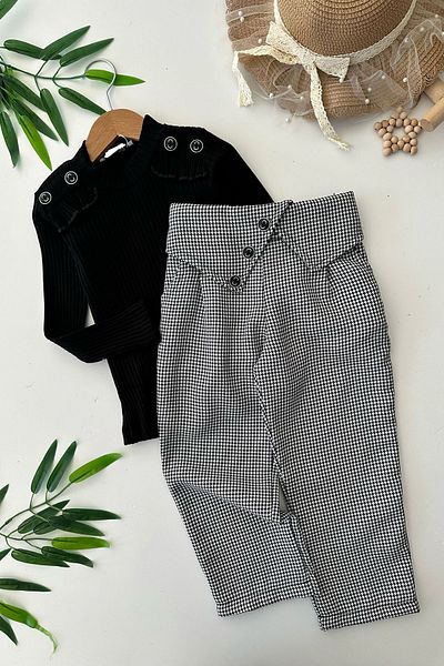 Minigimin Cicileri Black My Little Girls &Apos; Daily Ungynic with Trousers Button Detaylı 2 Pişkotochkov Suit
