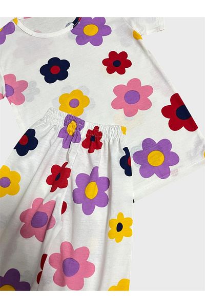 ALİŞ KİDS Set de pijamale de vară pentru fete, din bumbac, cu flori de margarete albe, cu mâneci scurte, cu pantaloni scurți