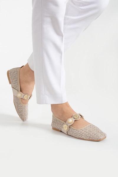 Parparastil Tüvit İnci Detaylı Arkası Kapalı Alçak Topuklu Mary Jane Günlük Vizon Hasır Kadın Babet