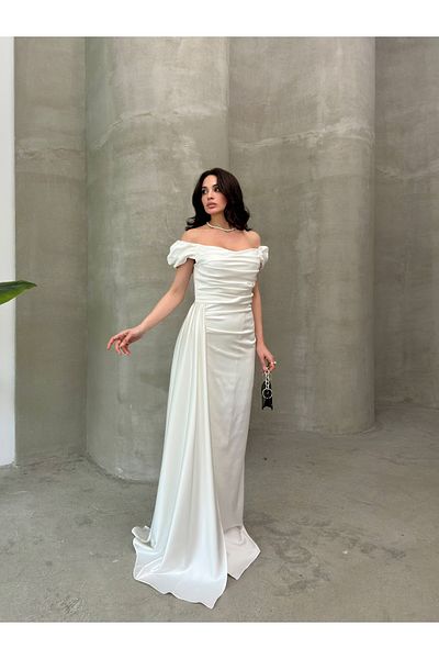 Serica Moda Off Shoulder Draped Evening Dress