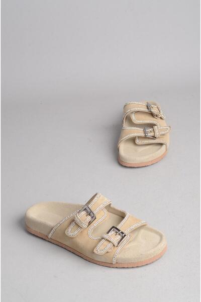 SEÇ KUNDURA Seç 8043 Genuine Leather Stone Women's Slippers Beige Suede