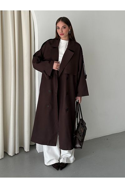 Laluvia Bitter Brown Lucky Button Detailed Oversize Trench Coat - 9476
