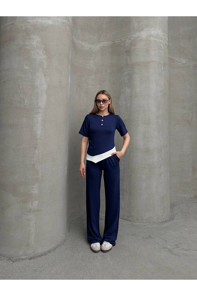 sportiness Asymmetric Top Zero Collar Button Detail Wide Leg Modal Fabric Tracksuit Set
