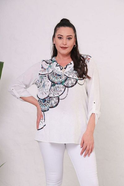 Mezure Patterned Crepe Blouse with Zippered Collar Large Size