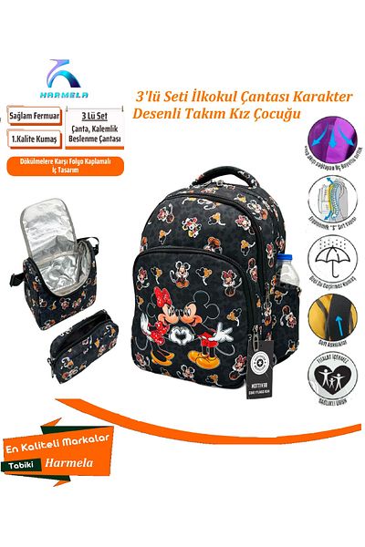 Bevitton Set of 3 Primary School Bags for Girl - Black with Mickey Pattern