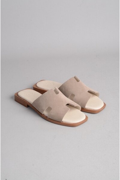SEÇ KUNDURA Seç 8012 Genuine Leather Women's Slippers Beige Suede