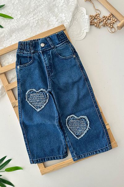 Minigimin Cicileri My Little One's Heart Patterned Girl's Denim Pants - Dark Blue