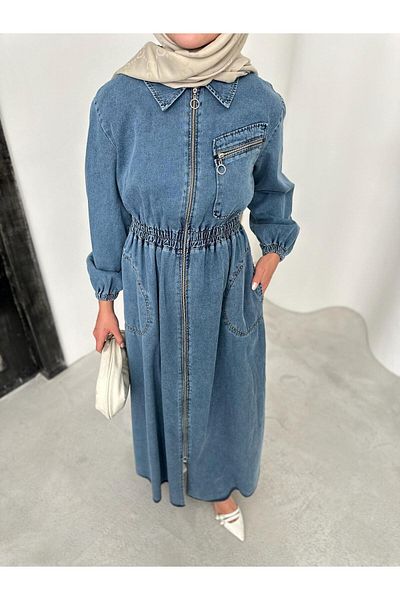 Cardella Τζιν φόρεμα υψηλής ποιότητας με τσέπη και φερμουάρ Λεπτομερές τζιν φόρεμα Hijab Jean