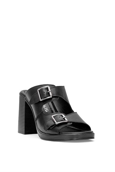 Venüs Women's Black Genuine Leather Heeled Slippers 25322561 Y